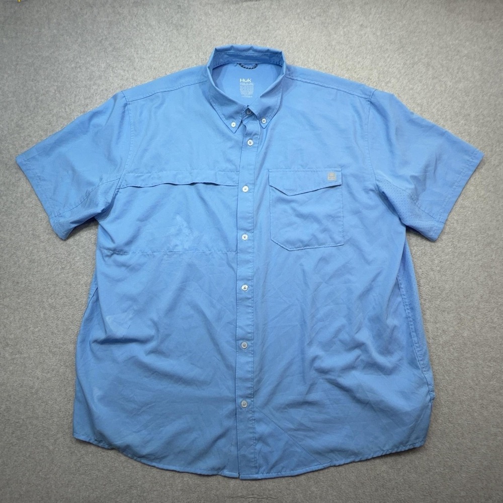 Huk Shirt Mens XXL Blue Short Sleeve Button Front Vented Fishing Performance